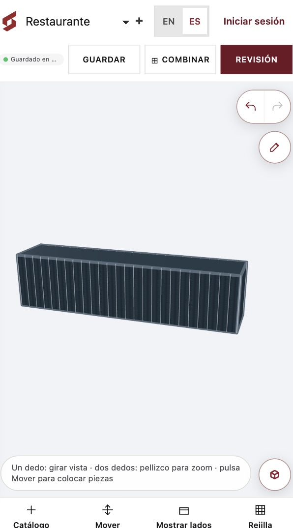 Interfaz del Constructor 3D de Structum: catálogo de piezas y vista del contenedor